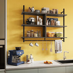 Bestier Kitchen Shelves Wall Mounted Floating Pipe Shelving 3 Tier 41.5" Coffee Bar Shelf with Holder, Wall Display Storage Rack Sundries for Kitchen Living Room, Charcoal Black
