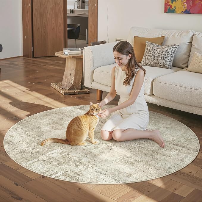 Soalmost Abstract 6x6 Round Rug 6ft Circle Living Room Rugs, Low Pile Stain - Image 3