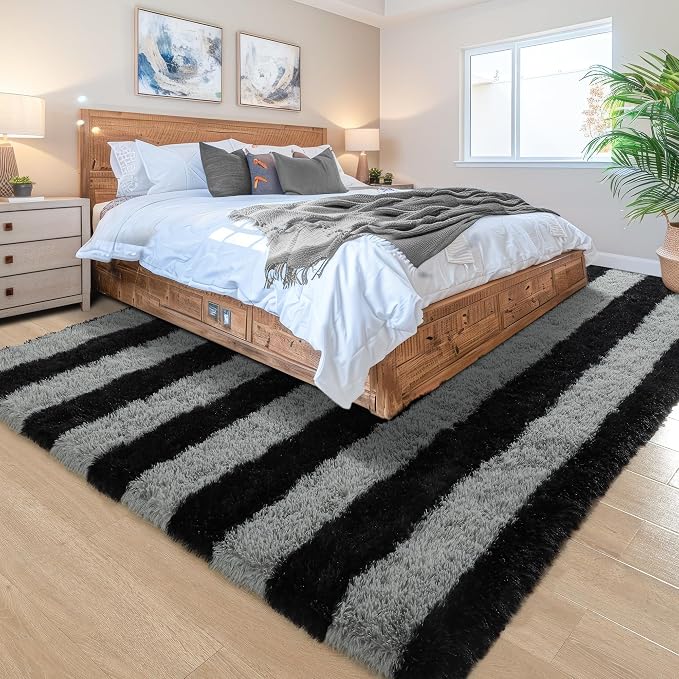 6x9 Large Black and Grey Fluffy Area Rug Non-Slip - Image 3