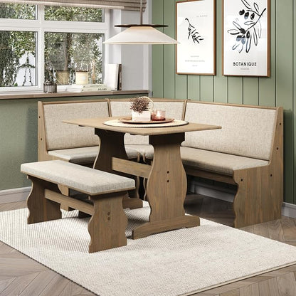 Linon Lucy Natural Wood and Linen Upholstered Corner Nook Kitchen Dining Set - Image 17