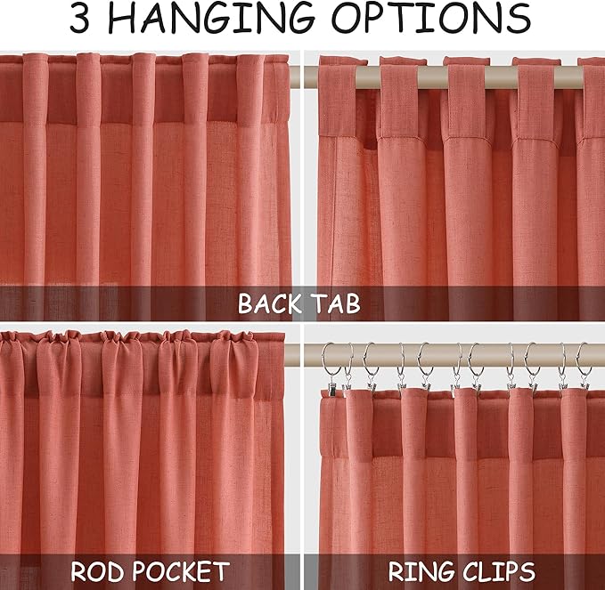 Coral Linen Curtains 108 Inches Long 2 Panels Set Back Tab Loop Pocket Light - Image 2
