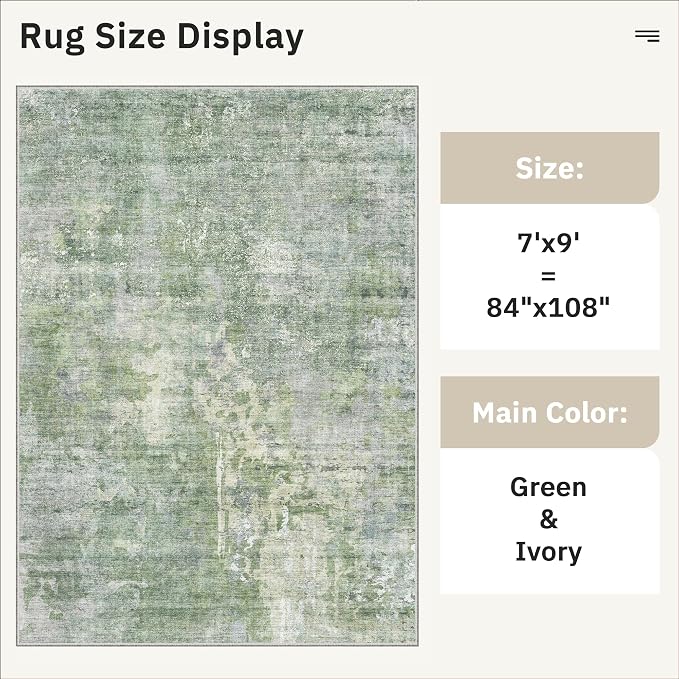 Soalmost Abstract 7x9 Area Rug for Living Room Washable Rugs Green/Ivory | - Image 5