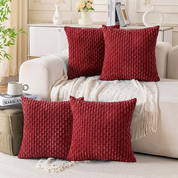 Set of 4 Burgundy Decorative Throw Pillow Covers 26x26 Inch Corduroy Pillow by Cozoomy