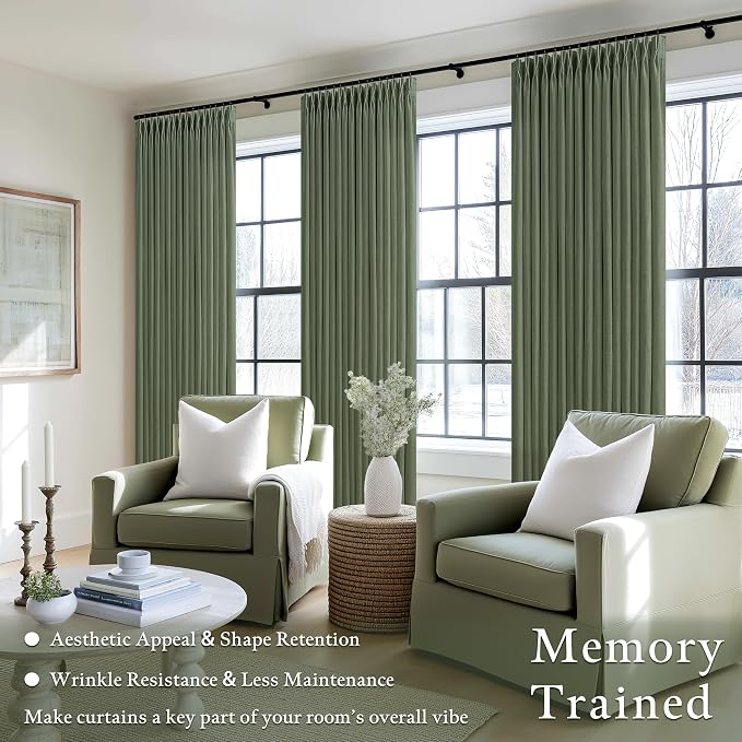 102 Inch Green Linen Blend Semi Sheer Pinch Pleat Memory Shape Curtains 50W | - Image 2
