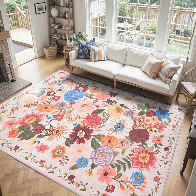 Blush Floral Area Rug 10x14 for Living Room Bedroom | Low Pile; Non Slip; - Image 6