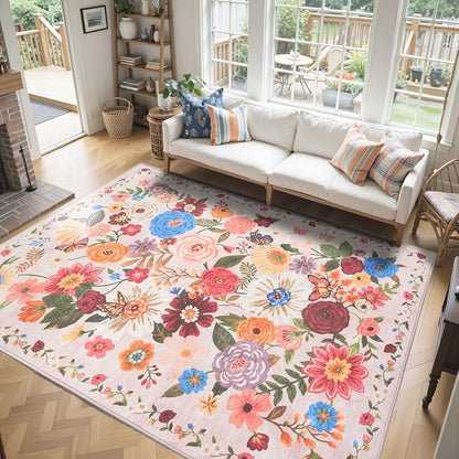 Blush Floral Area Rug 10x14 for Living Room Bedroom | Low Pile; Non Slip; - Image 6