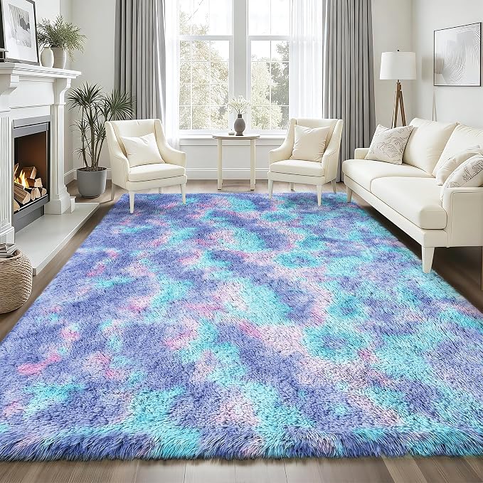 PLHXFR 8x10 Area Rugs Living Room: Fluffy Bedroom Soft Shag Rug Kid Rainbow | - Image 3