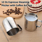 4 Pcs Stainless Steel Espresso Milk Frothing Pitcher Set with Latte Art Pen, 12 oz Milk Frother Cup, Frothing Cup for Cappuccino, Latte, Home & Cafe Use
