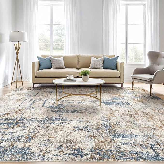 LOONGRUG 4x6 Area Rug Machine Washable Neutral Modern Rugs Blue Tan | Abstract - Image 5