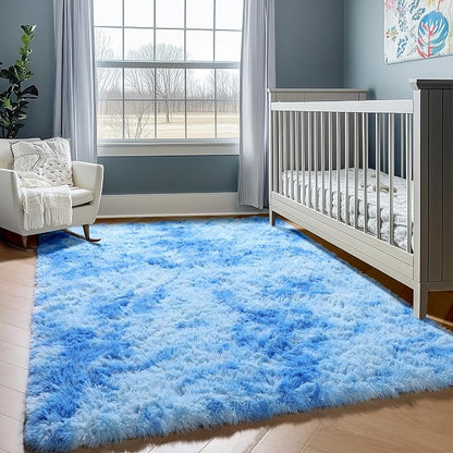 Tie-Dye Blue Rugs for Living Room Bedroom, Fluffy 5x8 Bedside Area Rug - Image 8