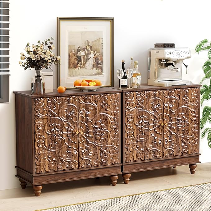 weselon Accent Cabinet Set of 2, Farmhouse Carved Storage Sideboard Buffet by WelcometoFurnitureSalon