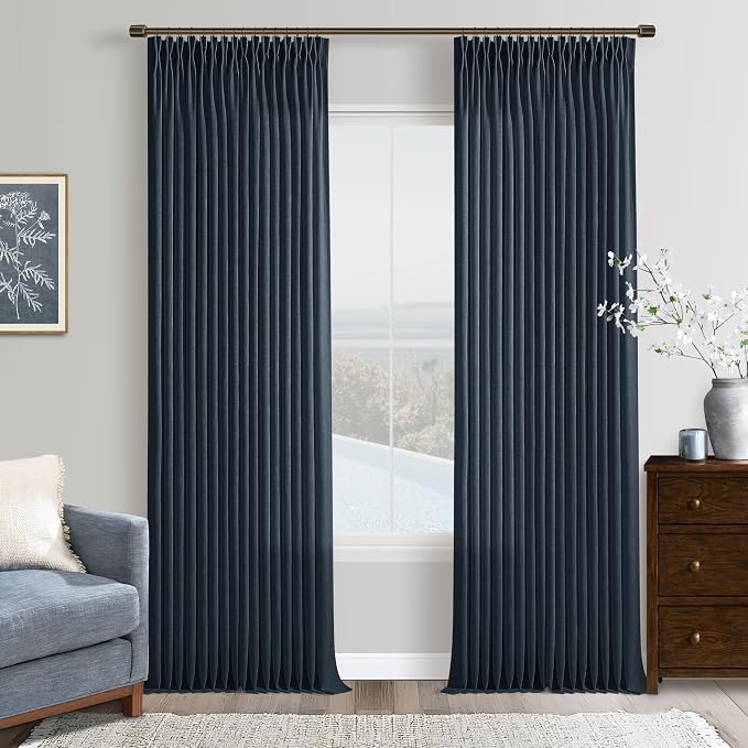 Pinch Pleat Linen Light Filtering Privacy Dark Navy Blue Curtains 50Wx105L | by Twodrapes