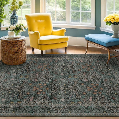 Dark Green Floral Living Room Rug 5x7 Area Rug - Image 9