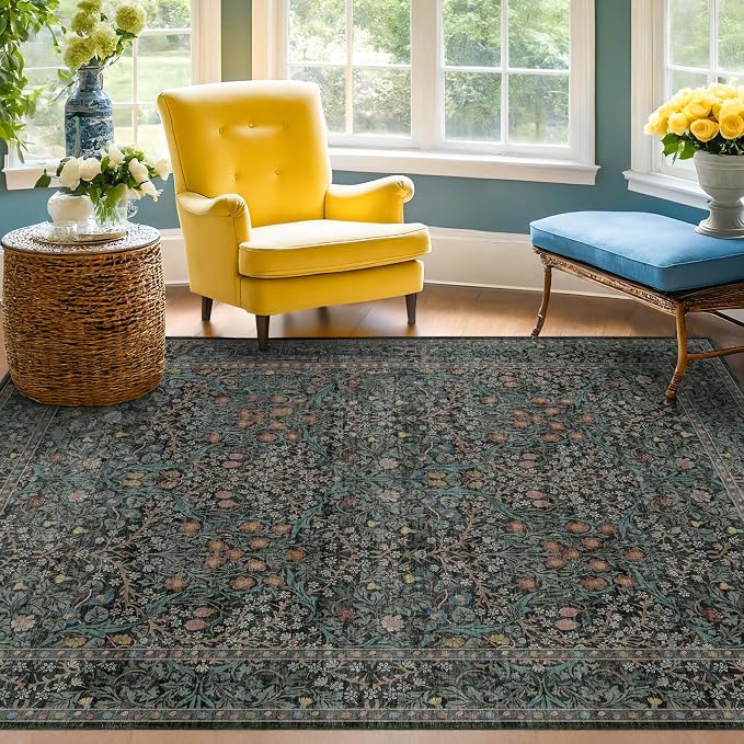 Washable Vintage 5x8 Living Room Rug, Dark Green Floral Area Rug by HazoHaus