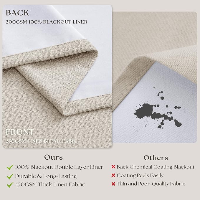 Pinch Pleated 100% Blackout Thick Linen Curtains 84 Inch Long Natural | Thick - Image 7