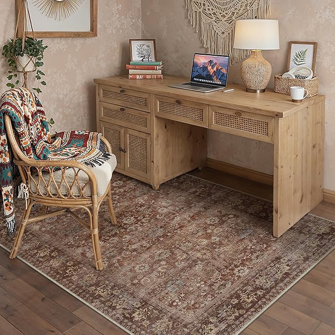 3x5 Brick Red Vintage Floral Washable Area Rug - Image 3