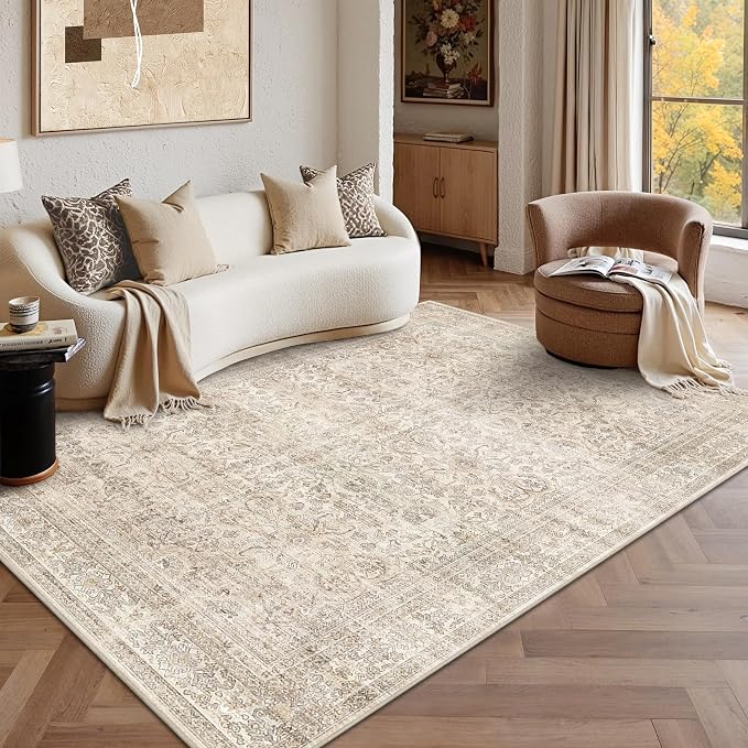 Schweek 6x9 Beige Area Rug Washable Neutral Distressed Rugs by Schweek