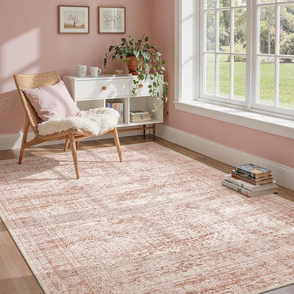 Soalmost 5x7 Area Rugs Pink Low Pile Washable Trendy Faded Style Rug | Vintage - Image 2