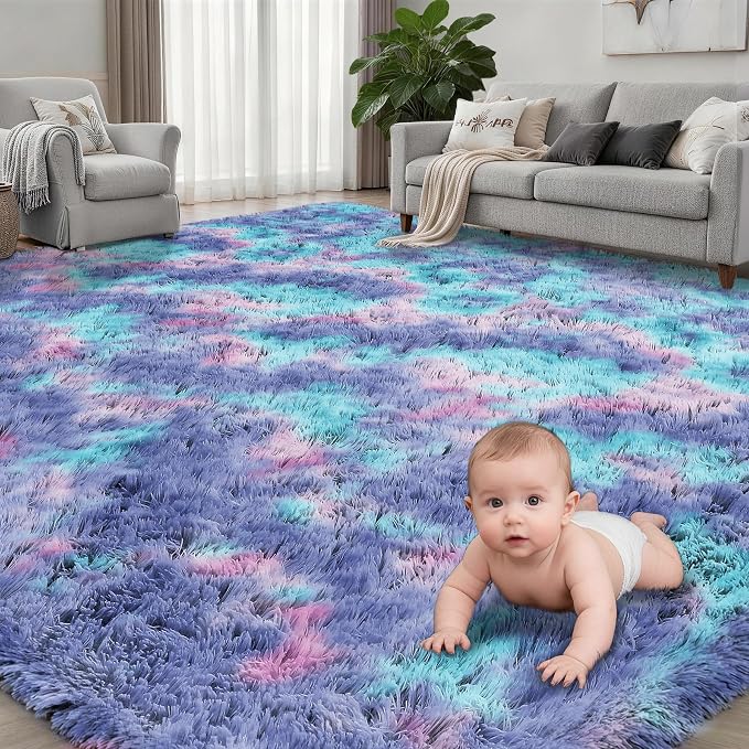 Area Rug Living Room Bedroom: 4x6 Fluffy Plush Shag Carpet Rainbow | - Image 2