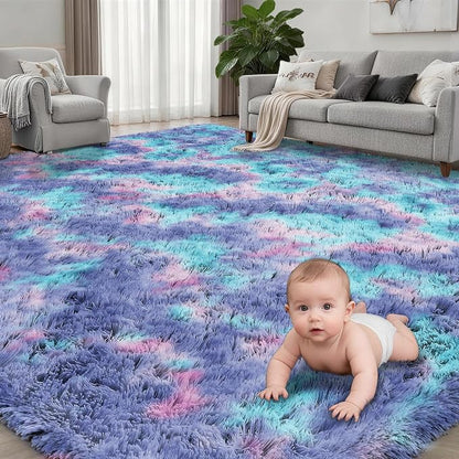Area Rug Living Room Bedroom: 4x6 Fluffy Plush Shag Carpet Rainbow | - Image 2
