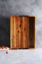 Ottoman Tray, Acacia Wood Serving Tray with Metal Handles, 16.5x12.5in Food Drinks Tray for Coffee Table, Breakfast, Dinner & Bar, Rustic Decorative Storage Tray for Ottoman, Kitchen, Packaging