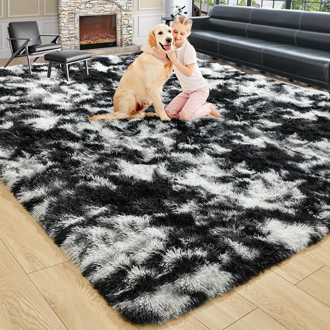 8x10 Extra Large Tie-Dyed Black and White Fluffy Area Rug Non-Slip by ModernHomeDecor