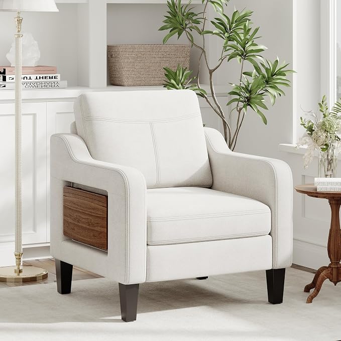 Accent Chair for Living Room Modern Linen Upholstered Armchair Side Wooden - Image 2