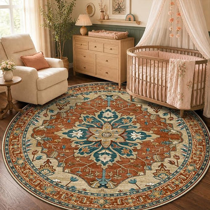 RELEANY Washable Area Rug, Round 5ft, Water Repellent, Pet Friendly, Vintage by RELEANY