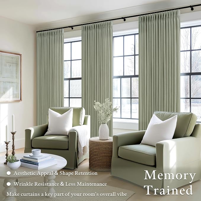 120 Inch Pinch Pleated Light Filtering Linen Curtains Sage Green 2 Panels | - Image 2