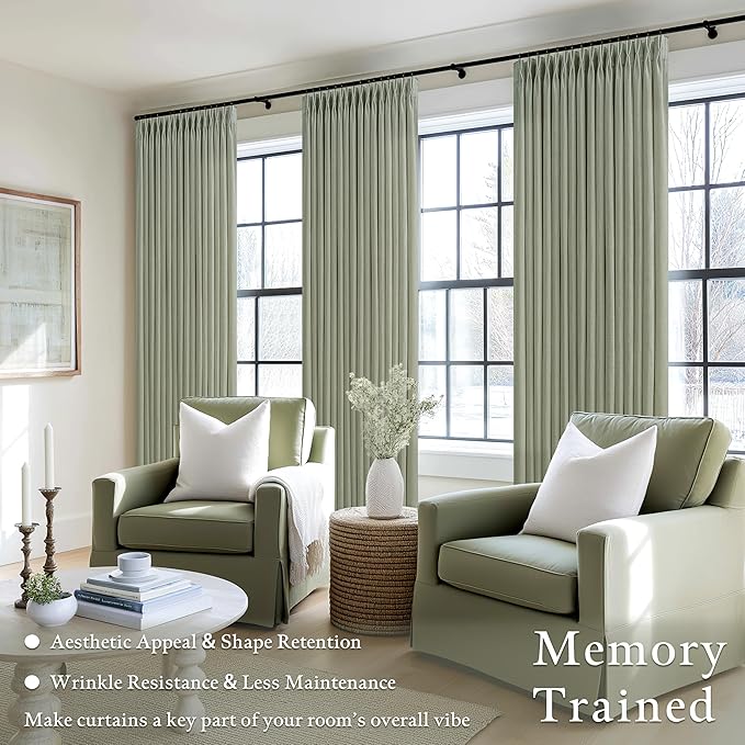 105 Inch Semi Sheer Light Green Pleated Linen Country Curtains W50xL105 | Sage - Image 2