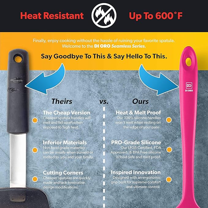 DI ORO Silicone Spoon Spatula - 600°F Heat-Resistant Large Silicone Spoonula Scraper - BPA Free Nonstick Cookware Safe Rubber Kitchen Utensil for Baking, Cooking, & Mixing - Dishwasher Safe (Magenta)