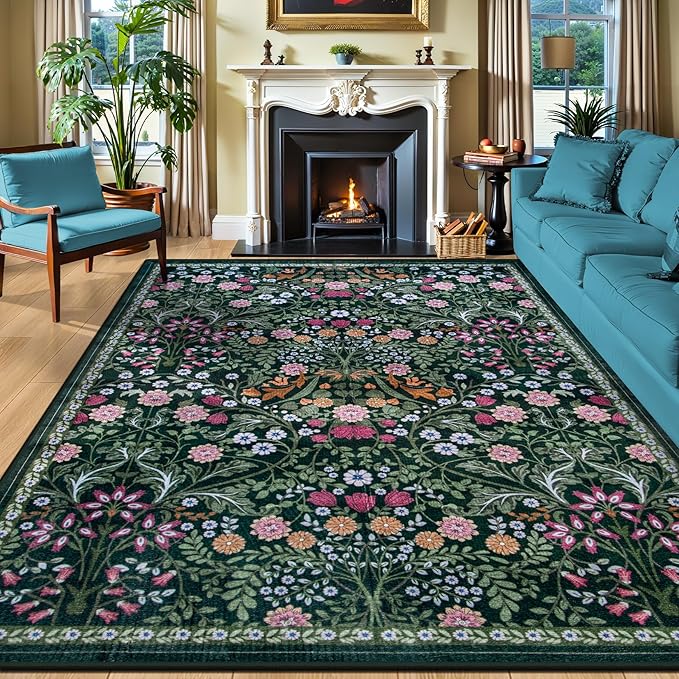 PLHXFR Area Rug 10x12 Living Room: Floral Washable Boho Carpet Dark Green | by PLHXFRSoftAreaRugs