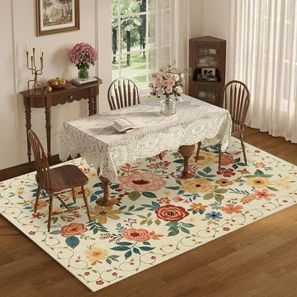 DUKINO 5x7 Area Rug Floral Washable Living Room Rug Non Slip Beige Yellow | Soft - Image 3