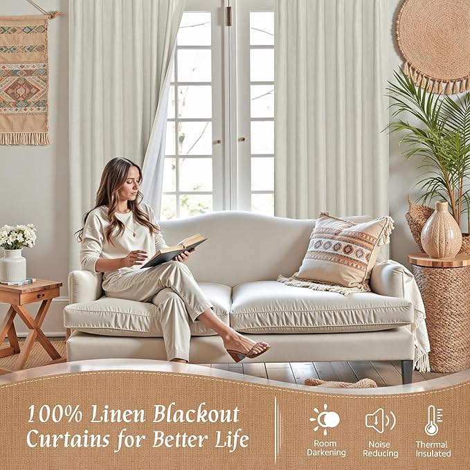 100% Blackout Natural Linen Bedroom Curtains 63 Inches 2 Panels | Stone - Image 3