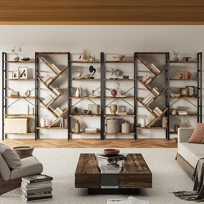 INNOD 70x70 Triple 5 Tier Book Shelf, Large Wooden Bookcase - Image 6