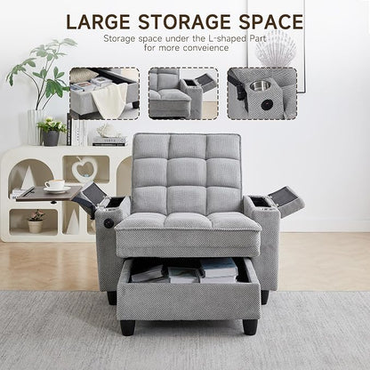 Oversized Recliner Chair with Swivel Tray Table, Modern Tufted Linen Fabric - Image 3