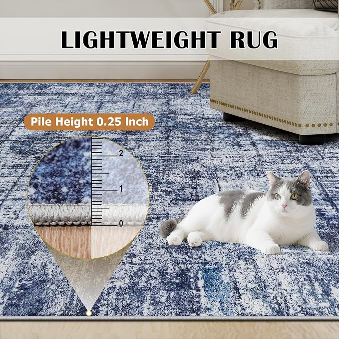 9x12 Washable Area Rug for Living Room Bedroom: Non-Slip Modern Navy Blue | - Image 7