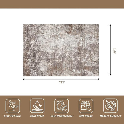 5x7 Area Rug Living Room Washable Neutral Brown Beige | Soft Low Pile Non Slip - Image 2