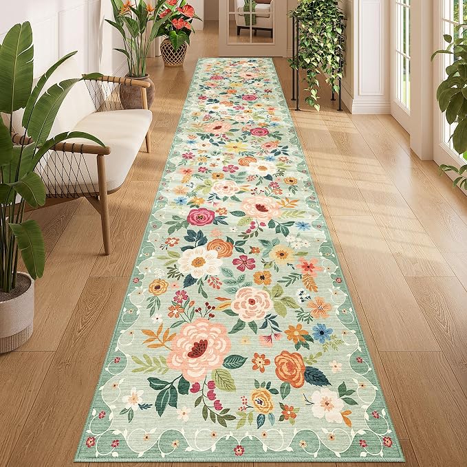 DUKINO 2.6x12 Kitchen Runner Rug, Floral Non Slip Long Washable Rug, Stain by DUKINO