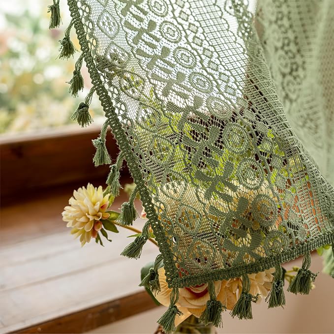 Sutuo Home Olive Green Boho Window Curtains Valance 18 inches Long 2 Panels - Image 8