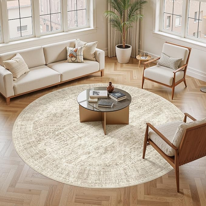 Soalmost Round Rugs 8ft Living Room Circle Area Rug 8x8 Beige Vintage | - Image 2
