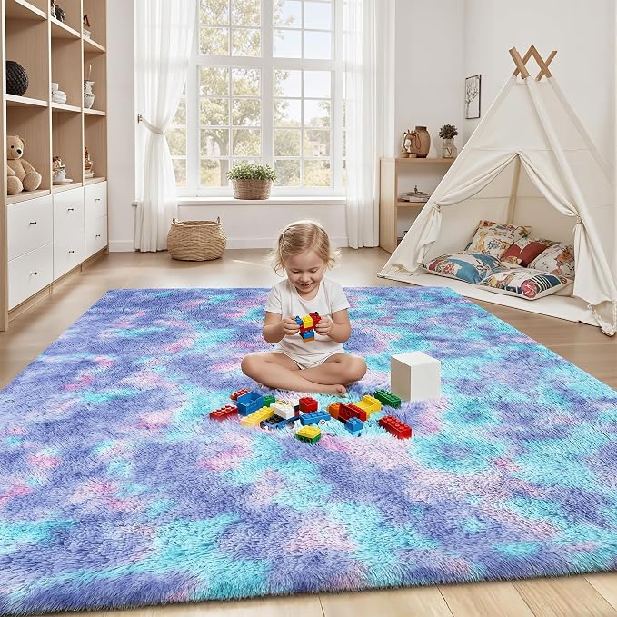 PLHXFR 5x7 Area Rugs Living Room: Fluffy Bedroom Soft Shag Rug Kid Rainbow | - Image 4