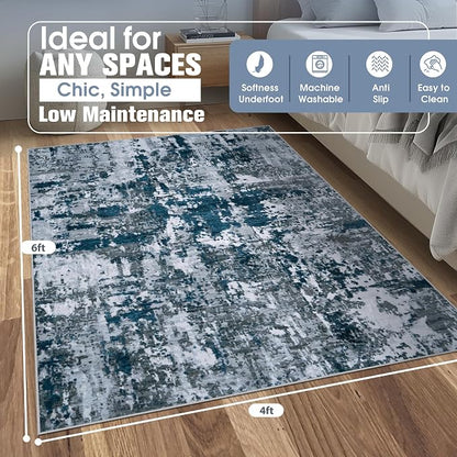 4x6 Area Rugs for Living Room Washable Bedroom Dining Room Navy Grey | Modern - Image 2