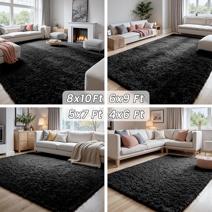 9x12 Fluffy Shag Area Rugs for Living Room Bedroom: Soft Plush Carpet Black | - Image 8