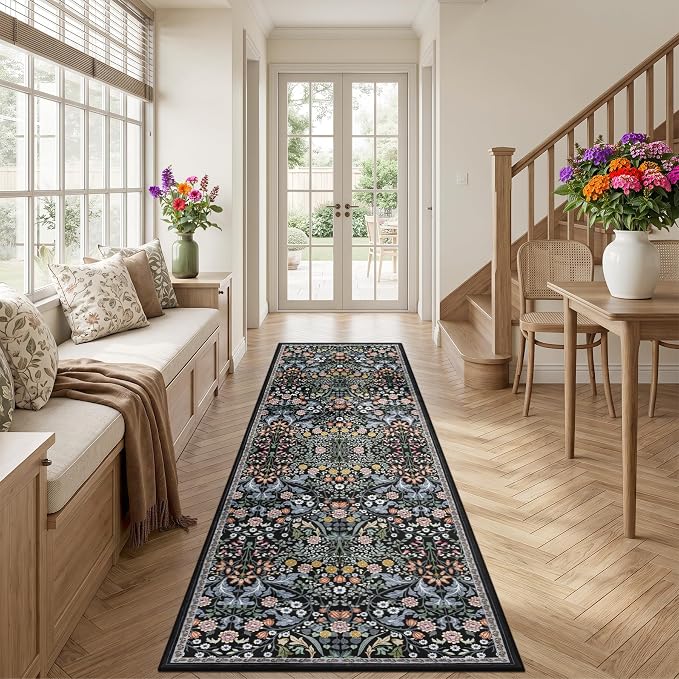 PLHXFR 2.6x10 Washable Runner Rug：Floral Indoor Kitchen Carpet Dark Black | - Image 3