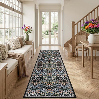 PLHXFR 2.6x10 Washable Runner Rug：Floral Indoor Kitchen Carpet Dark Black | - Image 3