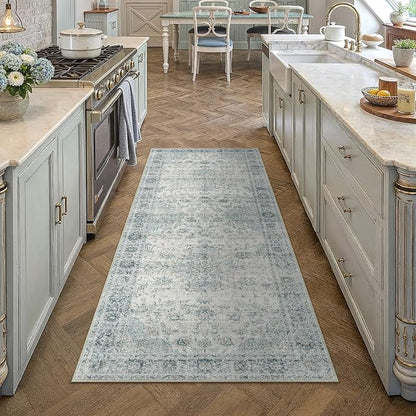 2x6 Light Blue Retro Floral Washable Runner Rug - Image 2
