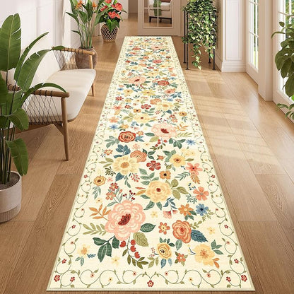DUKINO 2.6x12 Kitchen Runner Rug, Floral Non Slip Washable Rug Beige Yellow | by DUKINO