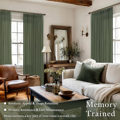 Green Linen Pinch Pleated Semi Sheer Curtains - Image 2