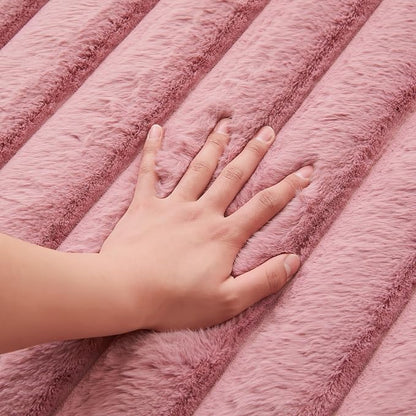 Dusty Rose Rabbit Striped Plush Rug 2'x6', Fluffy Faux Fur Shaggy Area Rug - Image 3